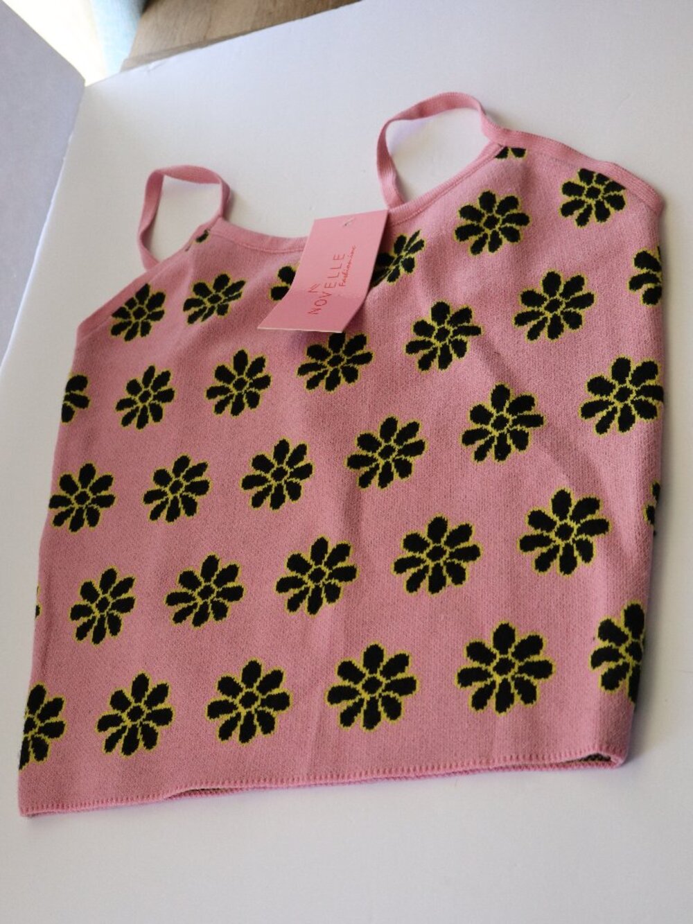 NWT Novelle Pink Knit Floral Tank Top Juniors Large Stretchy Y2K Cottagecore